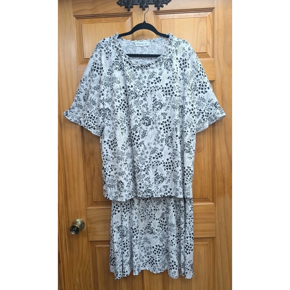 Southern Lady 2 Piece Set Top & Skirt Ruffle Neckline and Short Sleeves Elastic